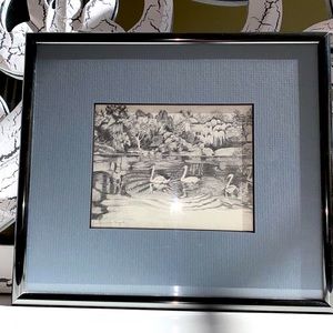 Framed Charcoal Print of Swans on Lake